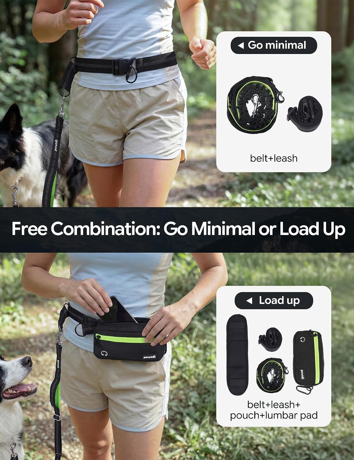 image:imagePecute Hands Free Dog Leash for Large Dogs Waist Belt with PouchBlack