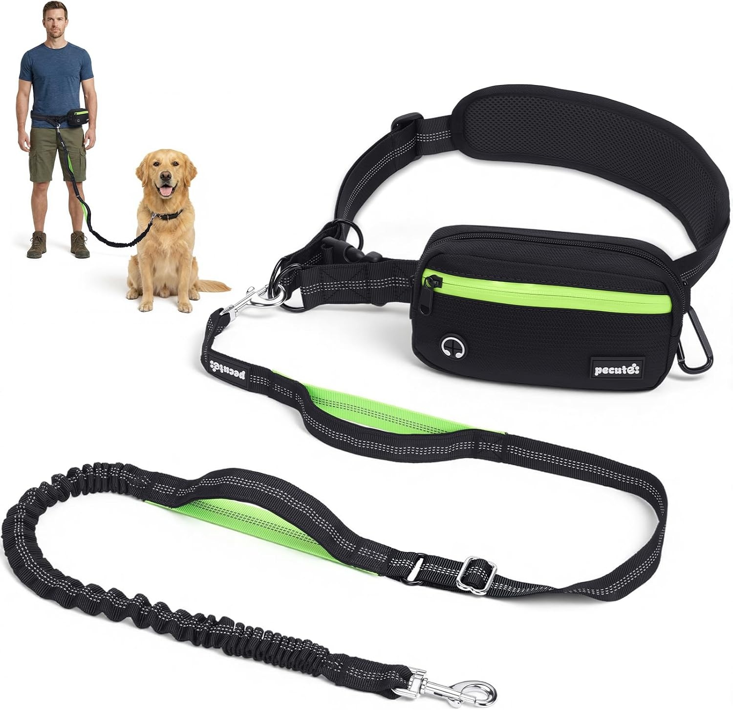 image:imagePecute Hands Free Dog Leash for Large Dogs Waist Belt with PouchBlack