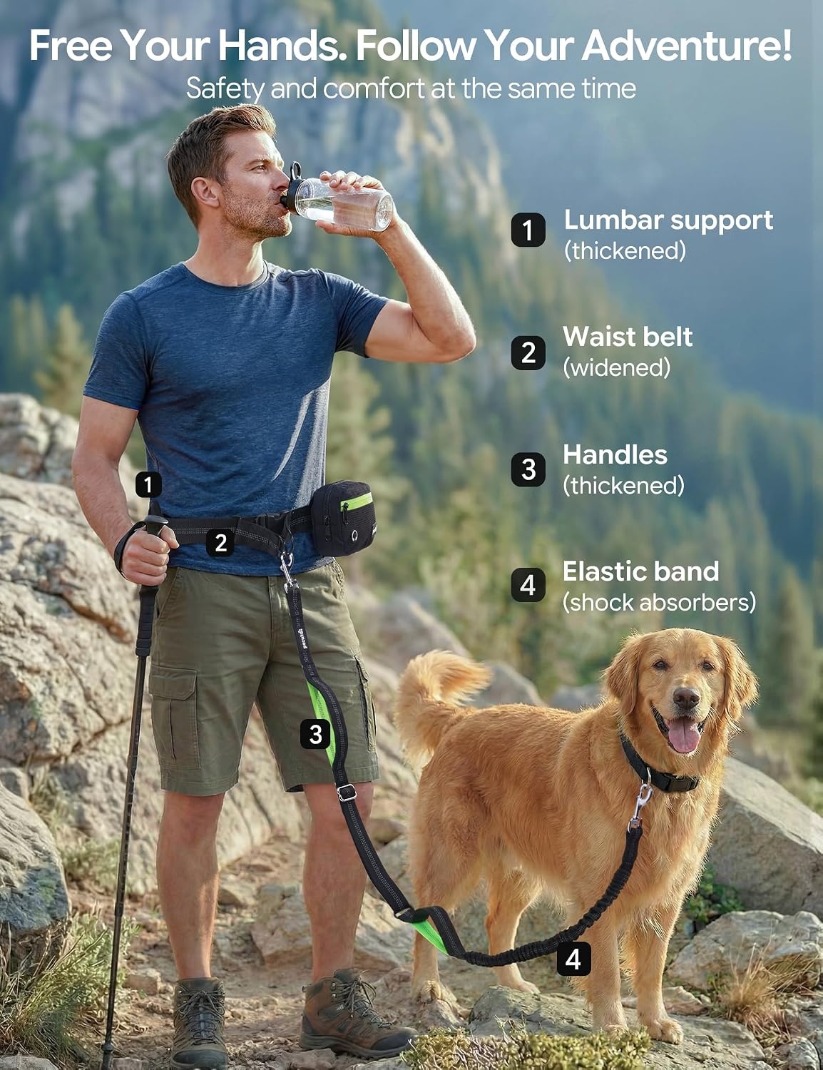 image:imagePecute Hands Free Dog Leash for Large Dogs Waist Belt with PouchBlack