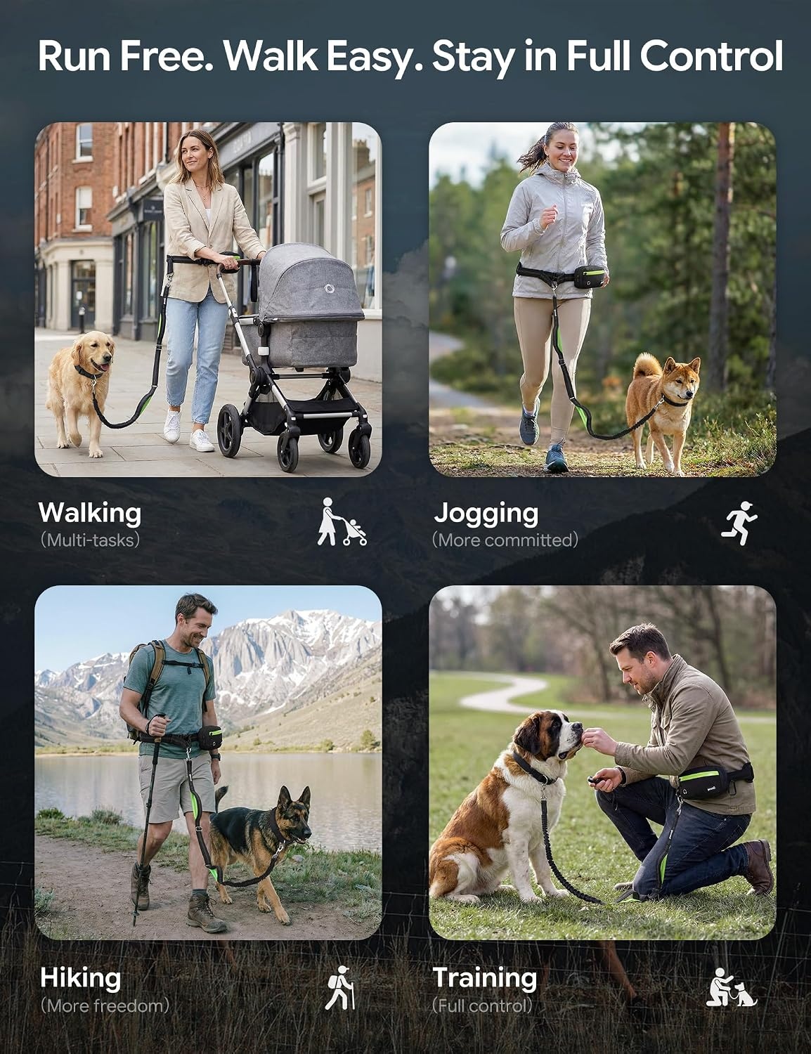 image:imagePecute Hands Free Dog Leash for Large Dogs Waist Belt with PouchBlack