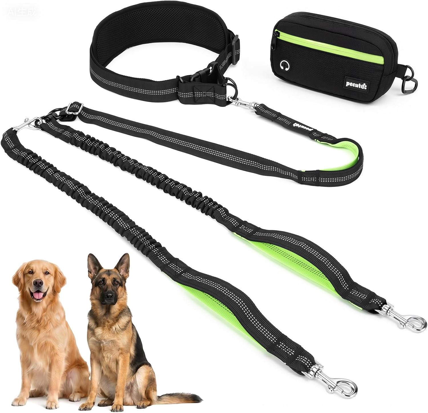 image:imagePecute Hands Free Dog Leash for Large Dogs Waist Belt with PouchBlack2 dogs
